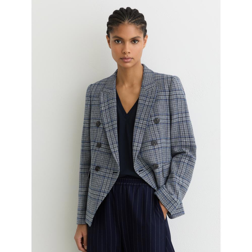 REISS Larissa Double-Breasted Check Blazer Cotton-Linen in Navy Check